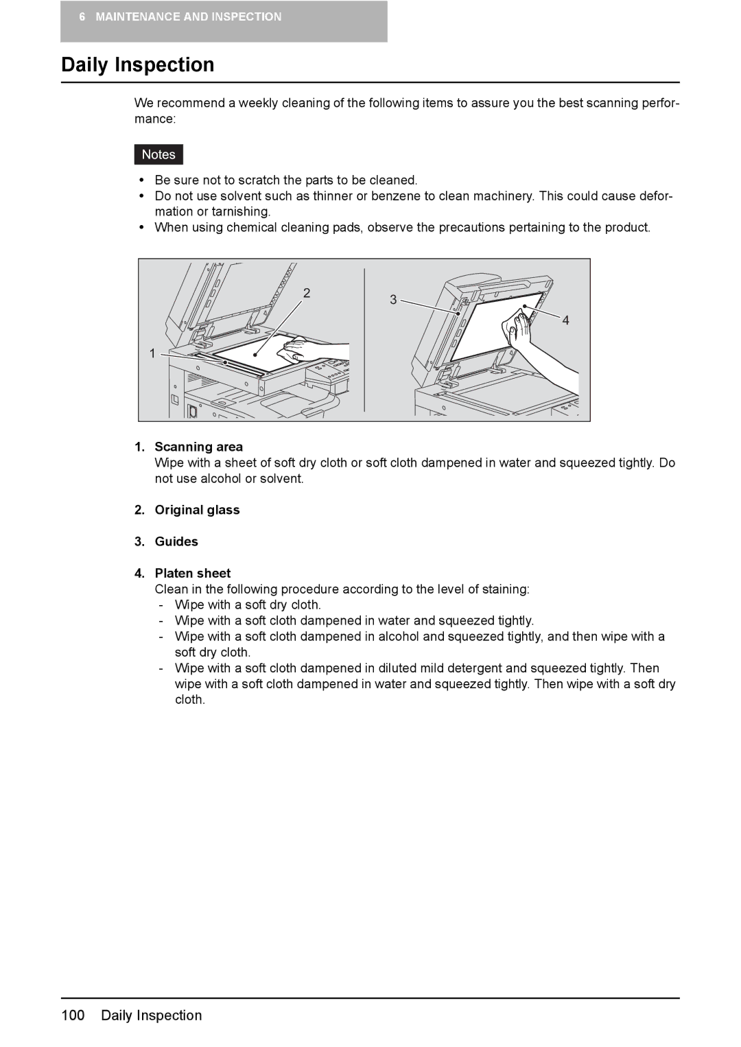 Toshiba e-STUDIO166, e-STUDIO206 manual Daily Inspection, Original glass Guides Platen sheet 