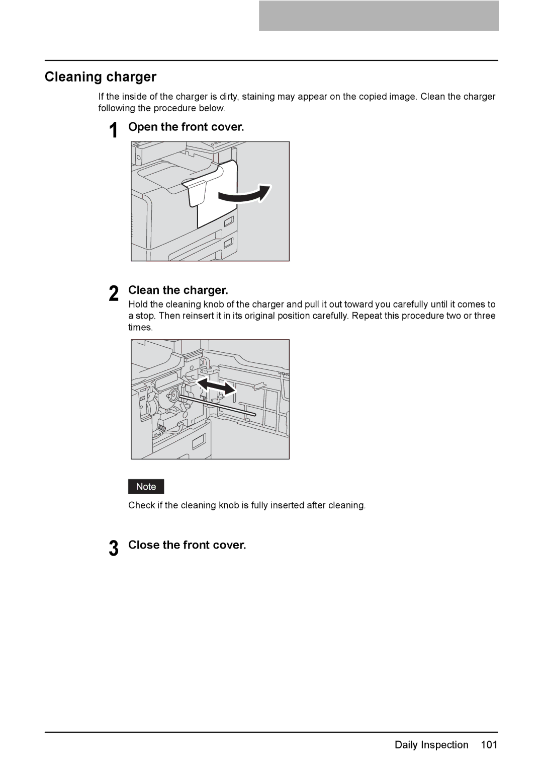 Toshiba e-STUDIO206, e-STUDIO166 manual Cleaning charger, Open the front cover Clean the charger 