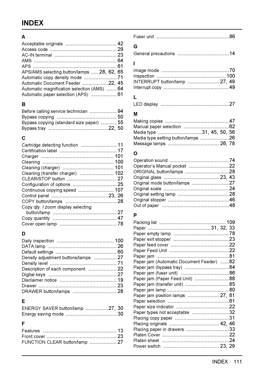 Toshiba e-STUDIO206, e-STUDIO166 manual Index 