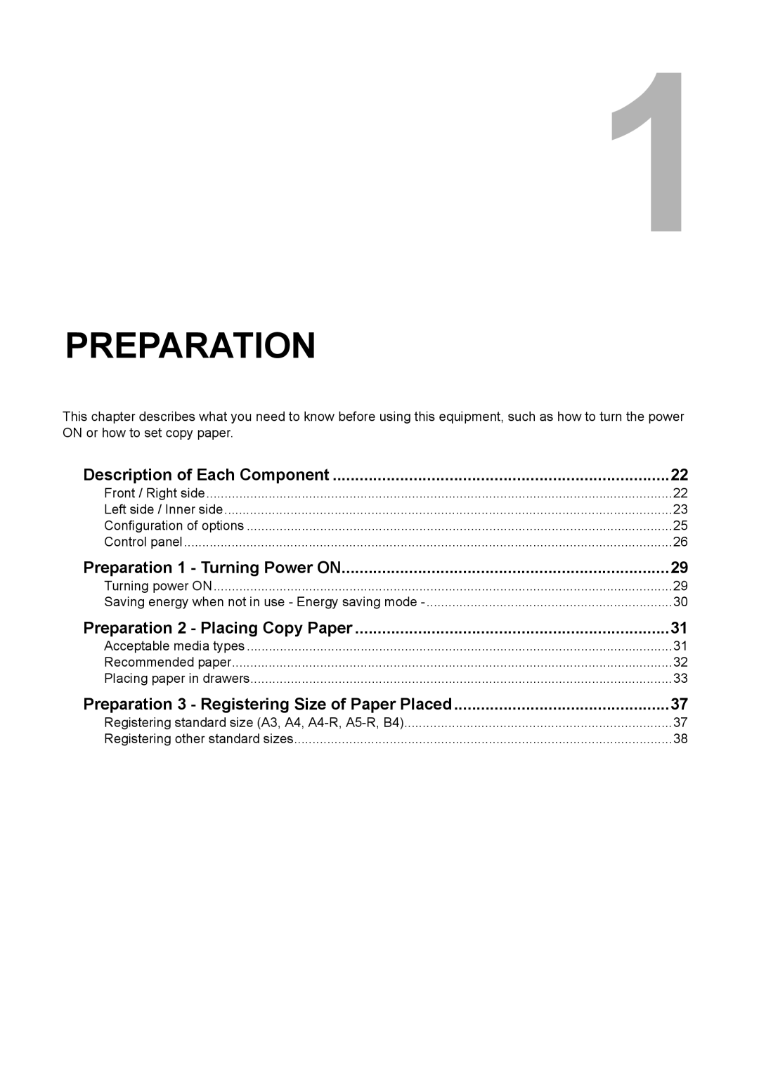 Toshiba e-STUDIO206 manual Description of Each Component, Preparation 1 Turning Power on, Preparation 2 Placing Copy Paper 