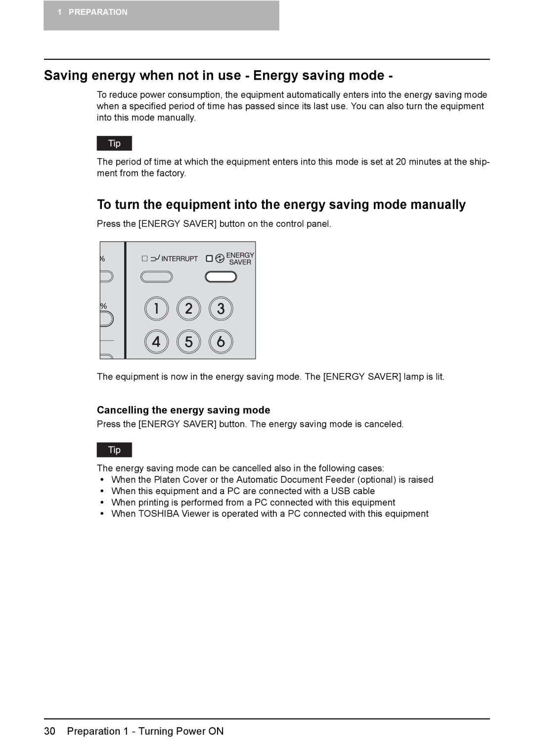 Toshiba e-STUDIO166, e-STUDIO206 manual Saving energy when not in use Energy saving mode, Cancelling the energy saving mode 