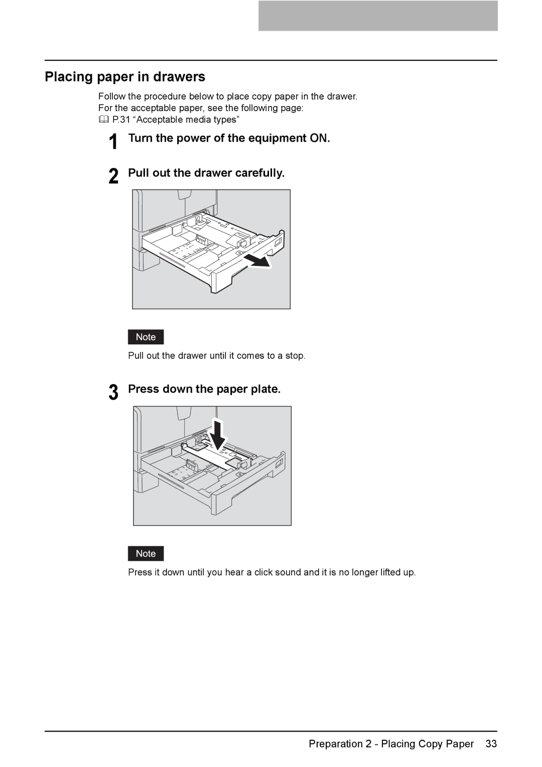 Toshiba e-STUDIO206, e-STUDIO166 manual Placing paper in drawers, Press down the paper plate 