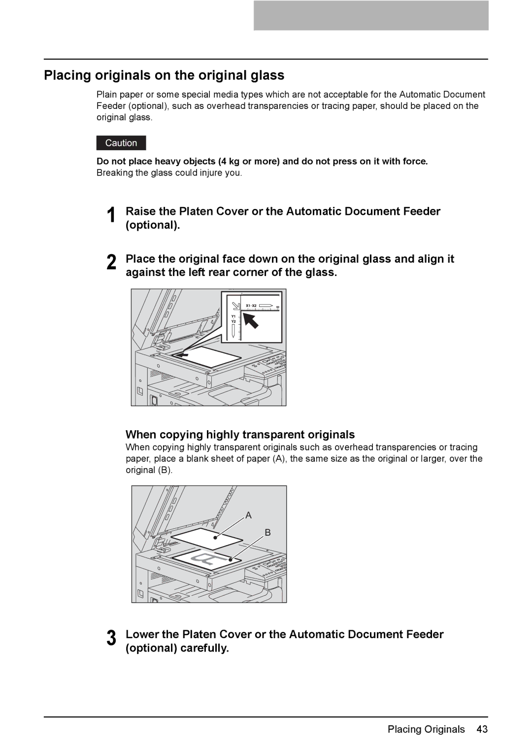 Toshiba e-STUDIO206, e-STUDIO166 manual Placing originals on the original glass 