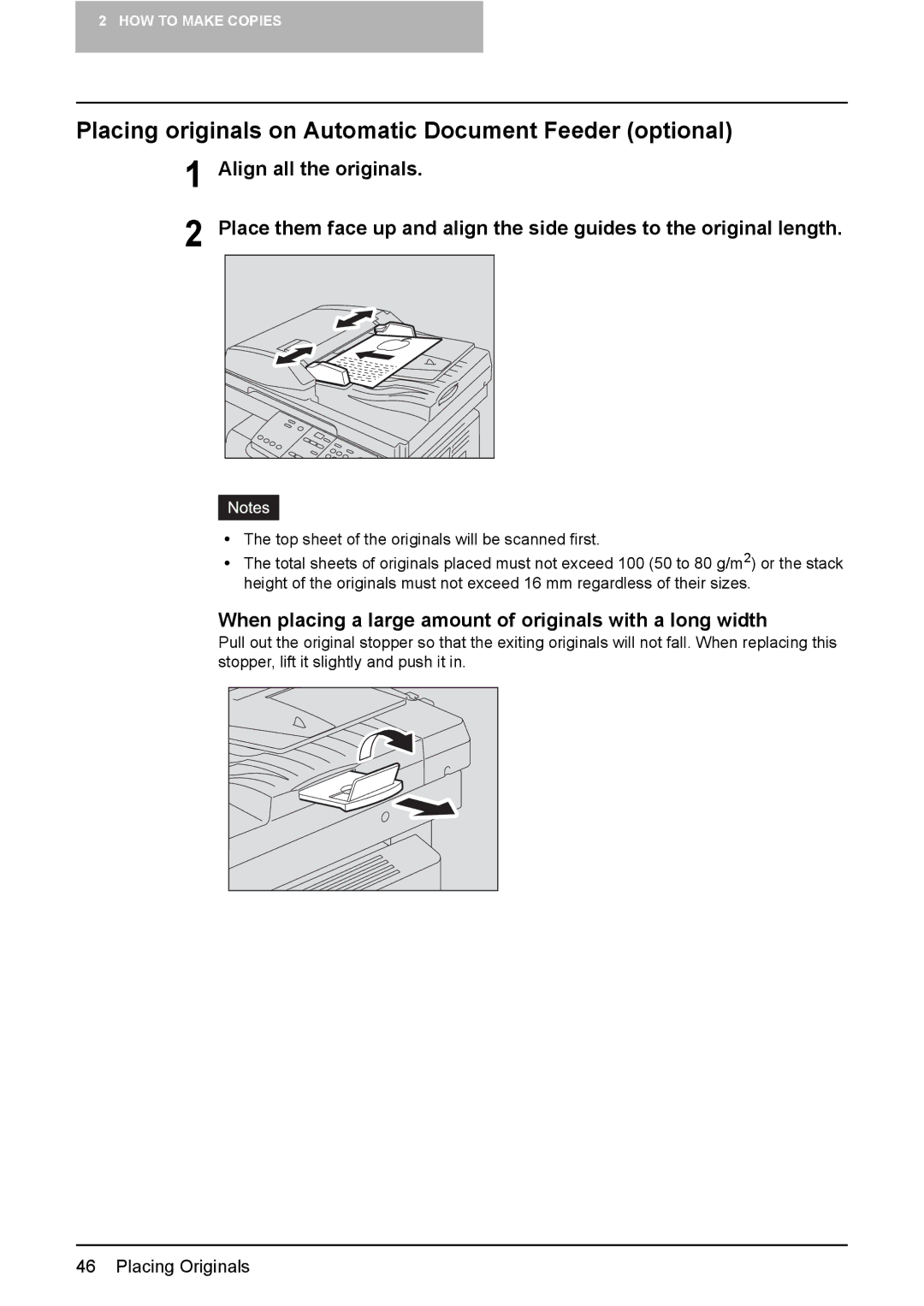 Toshiba e-STUDIO166, e-STUDIO206 manual Placing originals on Automatic Document Feeder optional 