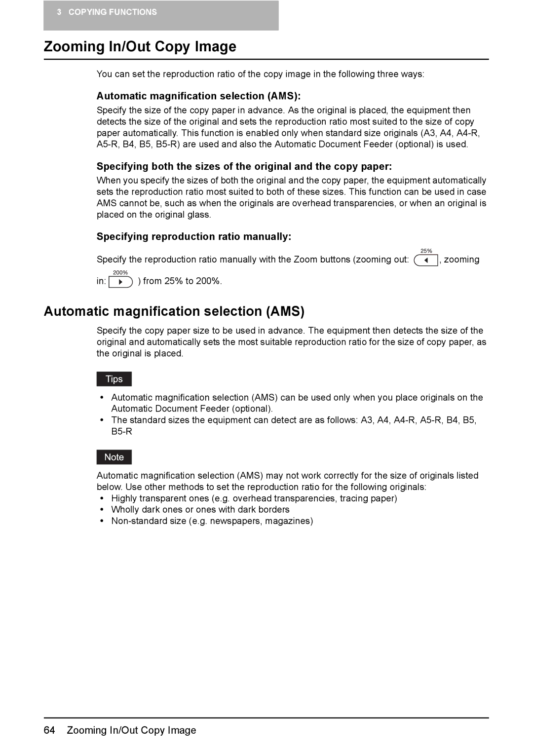 Toshiba e-STUDIO166, e-STUDIO206 manual Zooming In/Out Copy Image, Automatic magnification selection AMS 