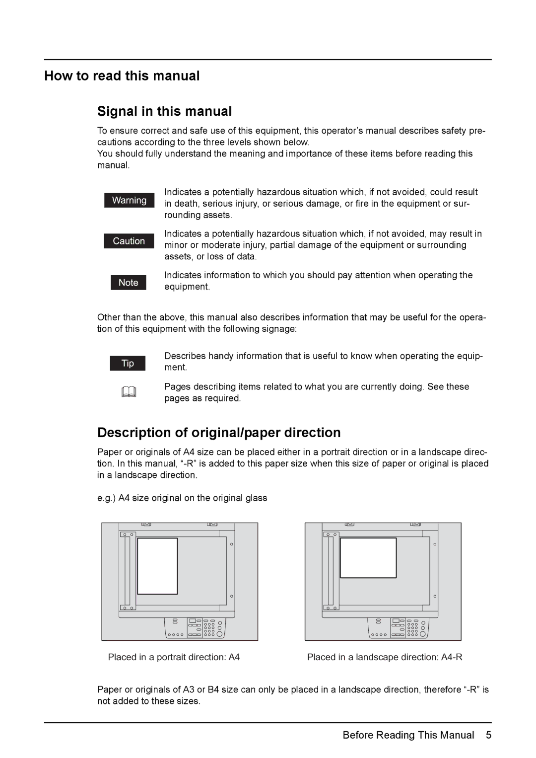 Toshiba e-STUDIO206, e-STUDIO166 How to read this manual Signal in this manual, Description of original/paper direction 