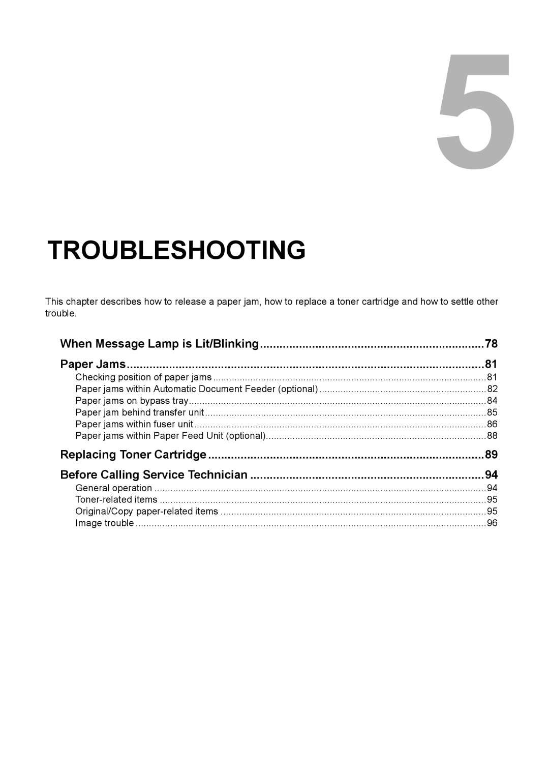 Toshiba e-STUDIO206, e-STUDIO166 manual Troubleshooting, When Message Lamp is Lit/Blinking Paper Jams 