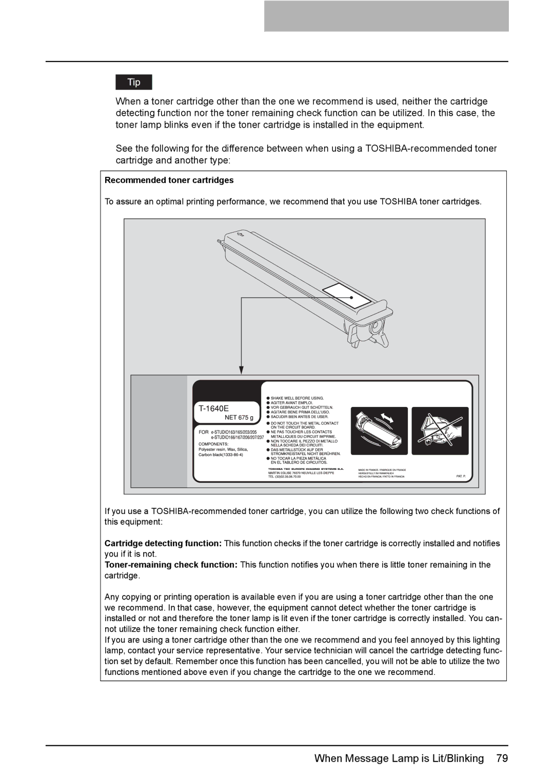 Toshiba e-STUDIO206, e-STUDIO166 manual Recommended toner cartridges 