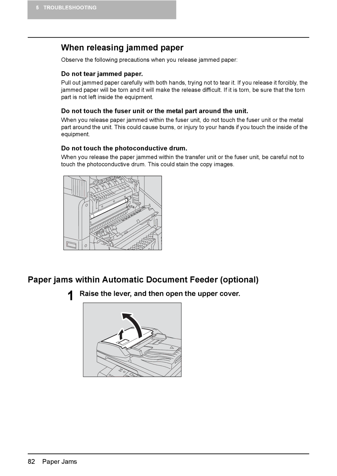 Toshiba e-STUDIO166, e-STUDIO206 manual When releasing jammed paper, Paper jams within Automatic Document Feeder optional 