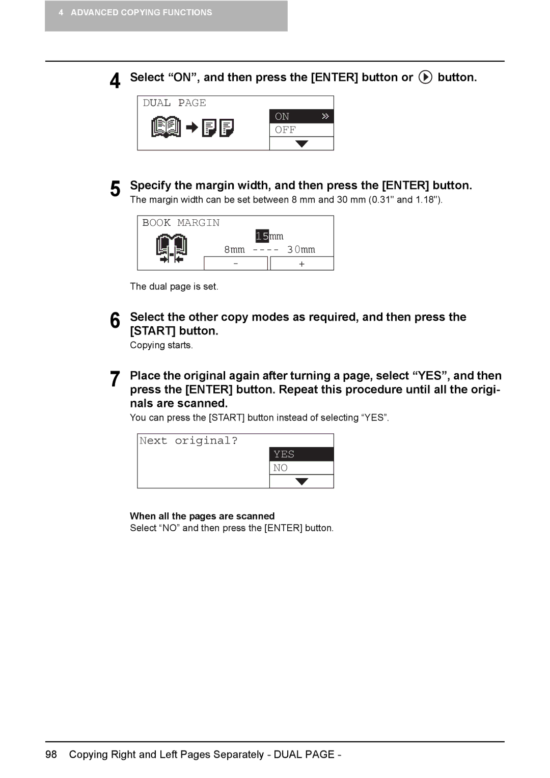 Toshiba e-Studio237 Dual OFF, Select the other copy modes as required, and then press, Start button, Nals are scanned 