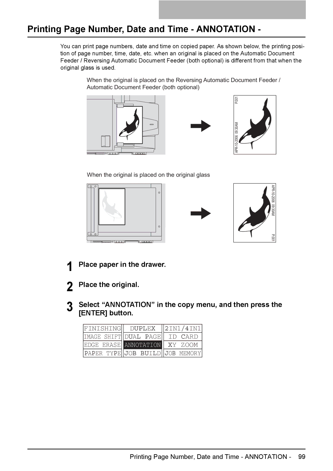 Toshiba E-STUDIO207, E-Studio167, e-Studio237 manual Printing Page Number, Date and Time Annotation 