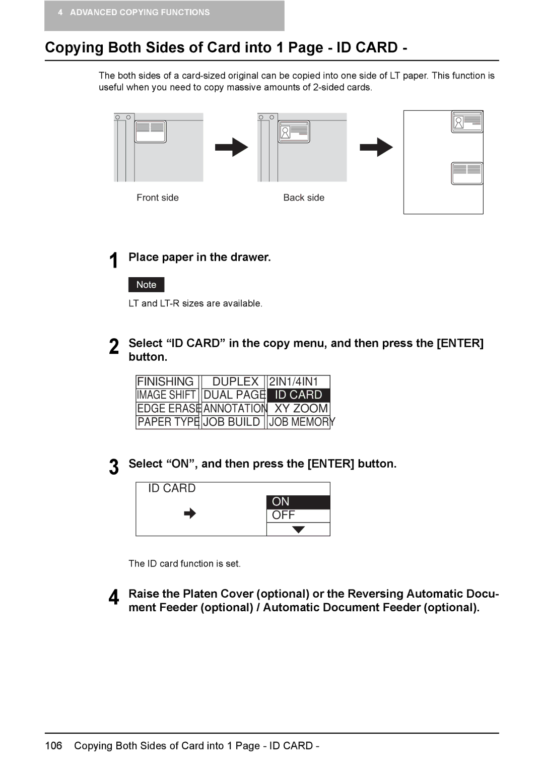 Toshiba E-Studio167 manual Copying Both Sides of Card into 1 Page ID Card, Select ON, and then press the Enter button 