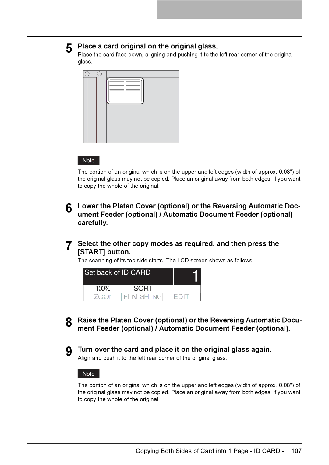 Toshiba e-Studio237, E-Studio167, E-STUDIO207 manual Place a card original on the original glass, 100% Sort Zoom Finishing 