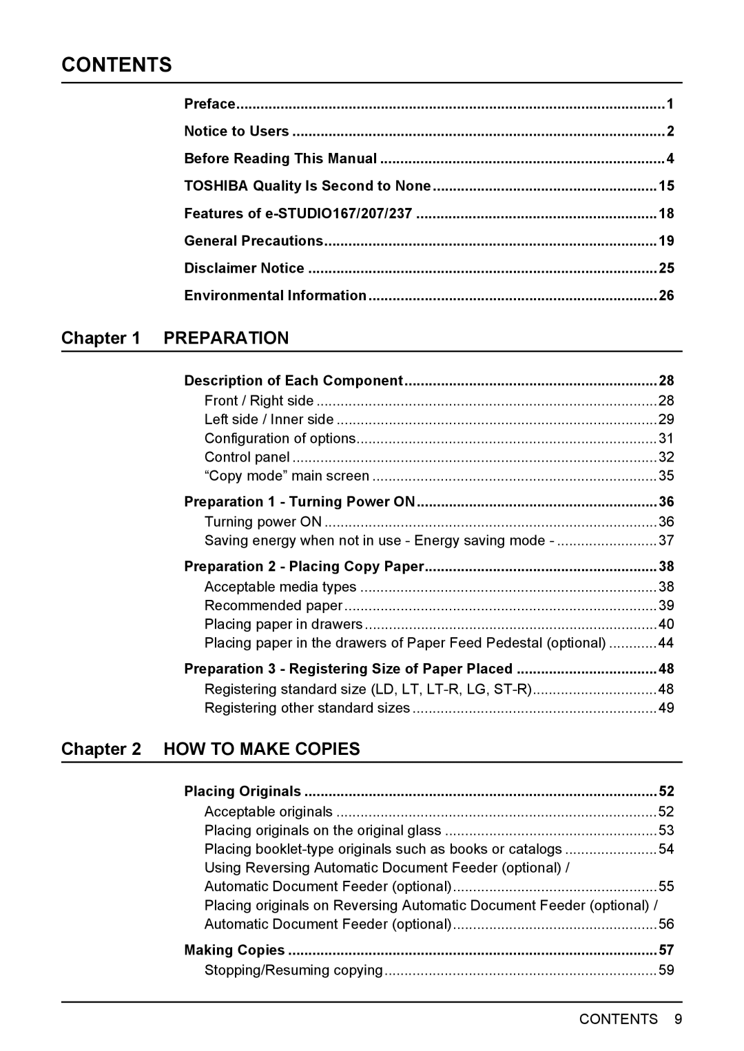 Toshiba E-STUDIO207, E-Studio167, e-Studio237 manual Contents 