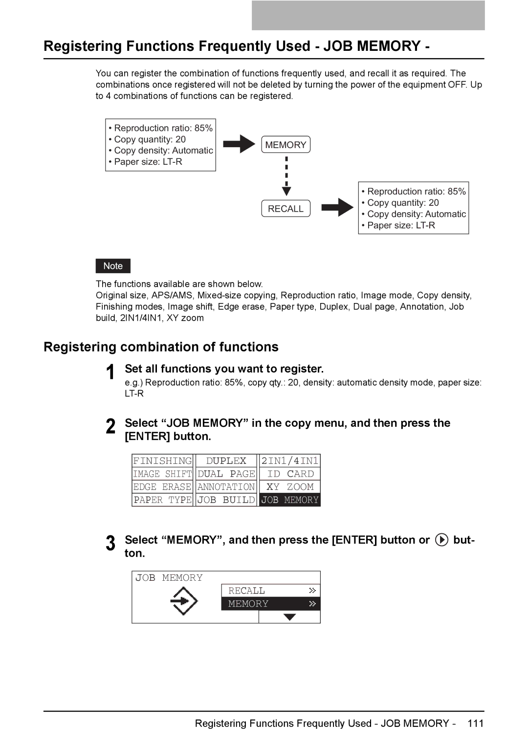 Toshiba E-STUDIO207, E-Studio167 Registering Functions Frequently Used JOB Memory, Registering combination of functions 