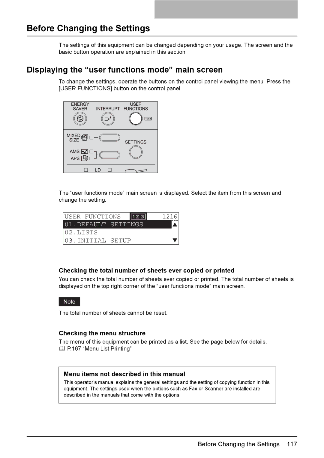 Toshiba E-STUDIO207 manual Before Changing the Settings, Displaying the user functions mode main screen, User Functions 