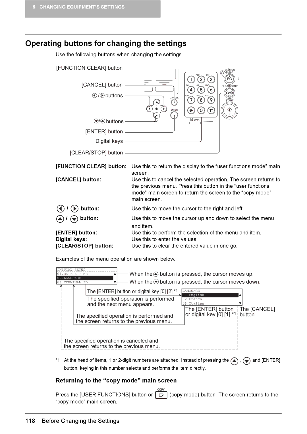 Toshiba E-Studio167 manual Operating buttons for changing the settings, Returning to the copy mode main screen, Button 