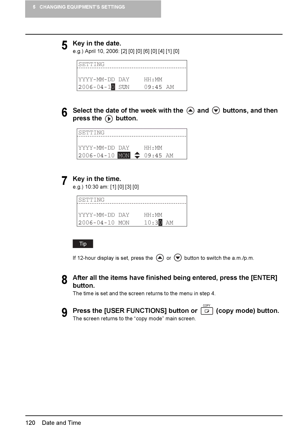 Toshiba E-STUDIO207, E-Studio167, e-Studio237 manual Key in the date, Mon, Key in the time 