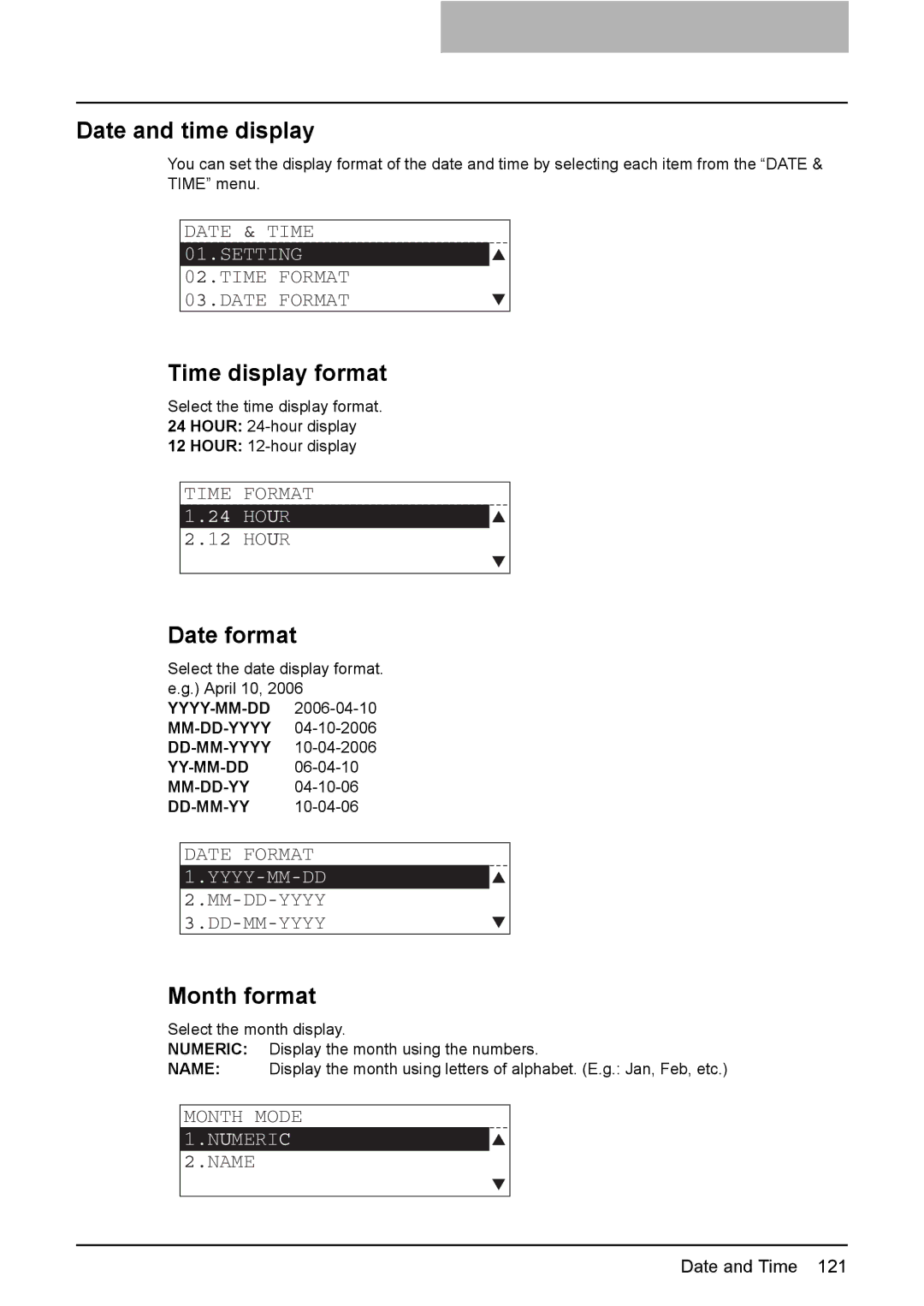 Toshiba E-Studio167, e-Studio237, E-STUDIO207 manual Date and time display, Time display format, Date format, Month format 