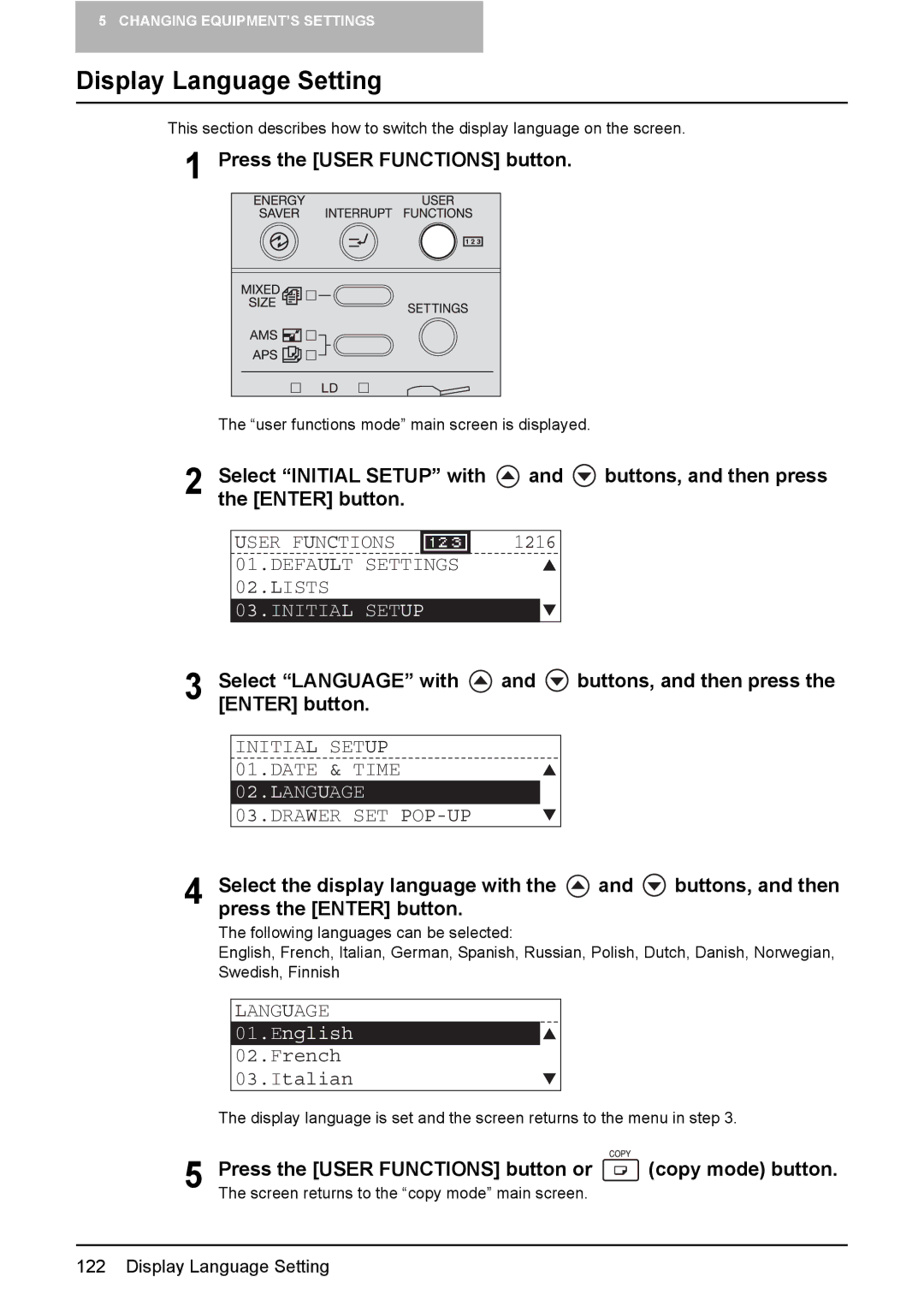 Toshiba e-Studio237, E-Studio167, E-STUDIO207 Display Language Setting, Select Language with, Initial Setup Date & Time 