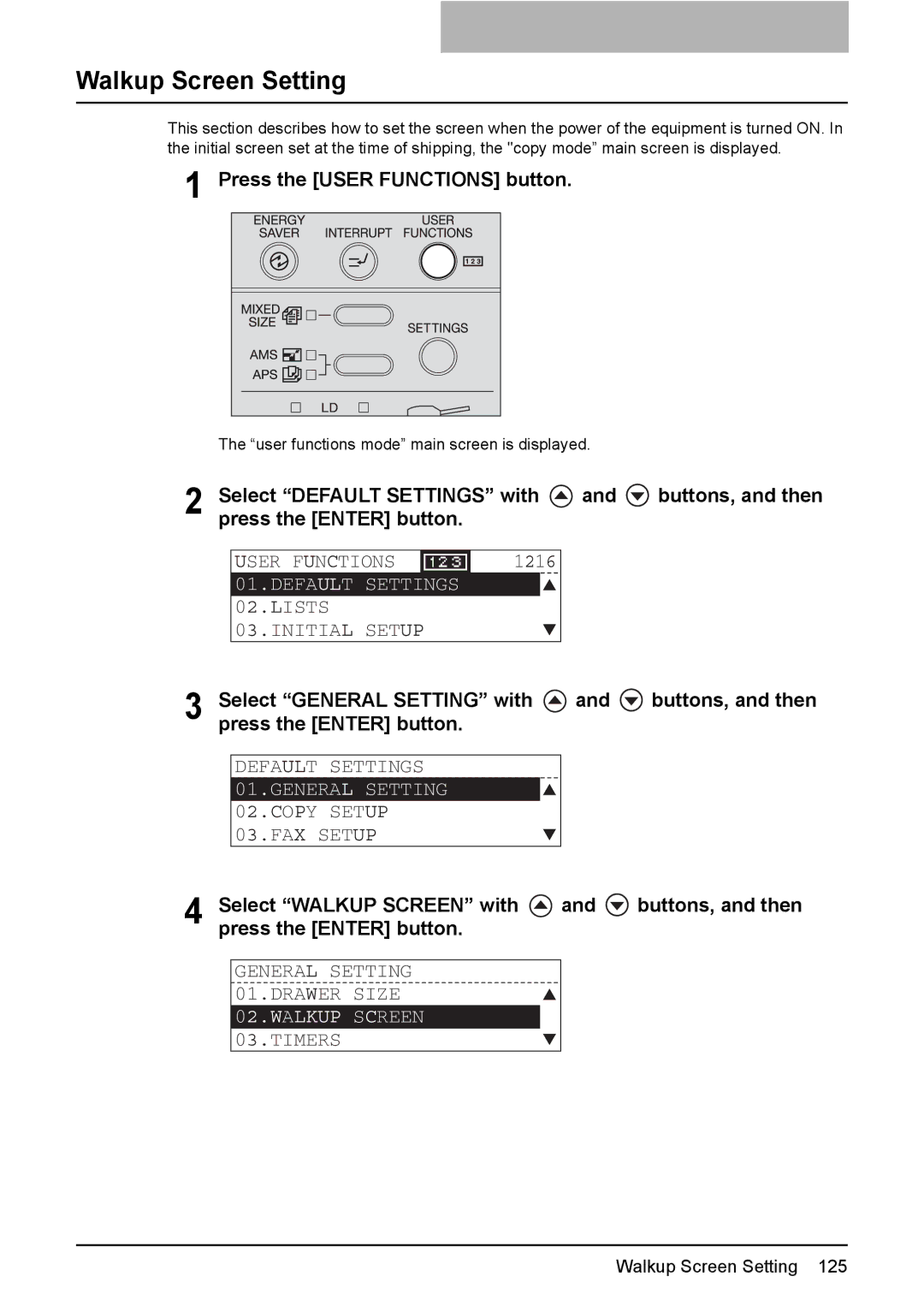 Toshiba e-Studio237, E-Studio167, E-STUDIO207 manual Walkup Screen Setting, General Setting Drawer Size, Timers 