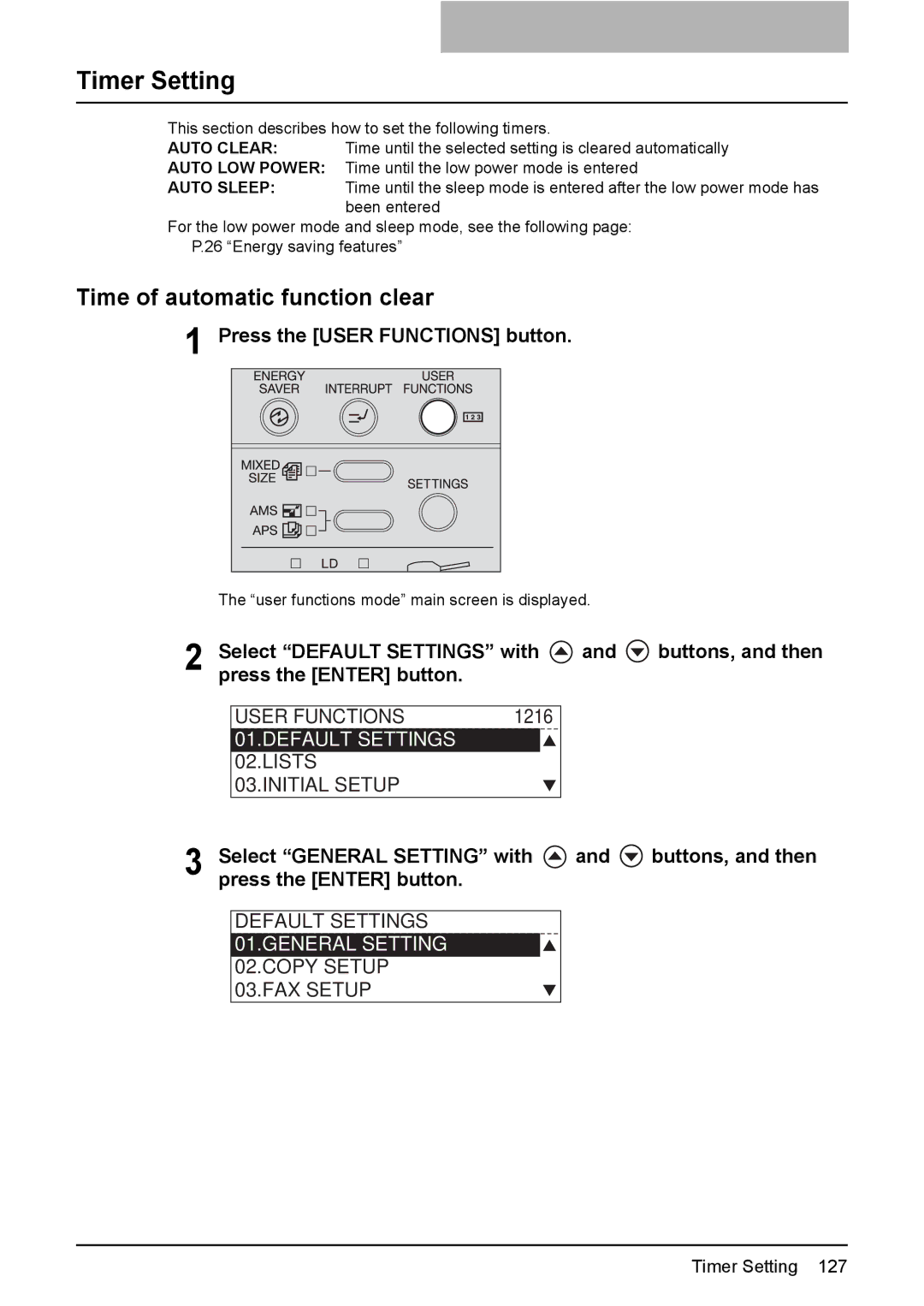 Toshiba E-Studio167, e-Studio237, E-STUDIO207 manual Timer Setting, Time of automatic function clear 