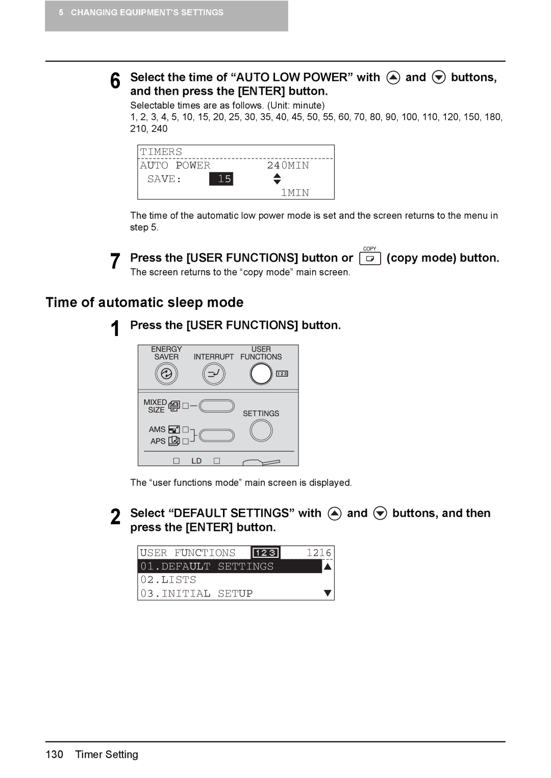 Toshiba E-Studio167, e-Studio237, E-STUDIO207 manual Time of automatic sleep mode, Timers Auto Power, Save 1MIN 