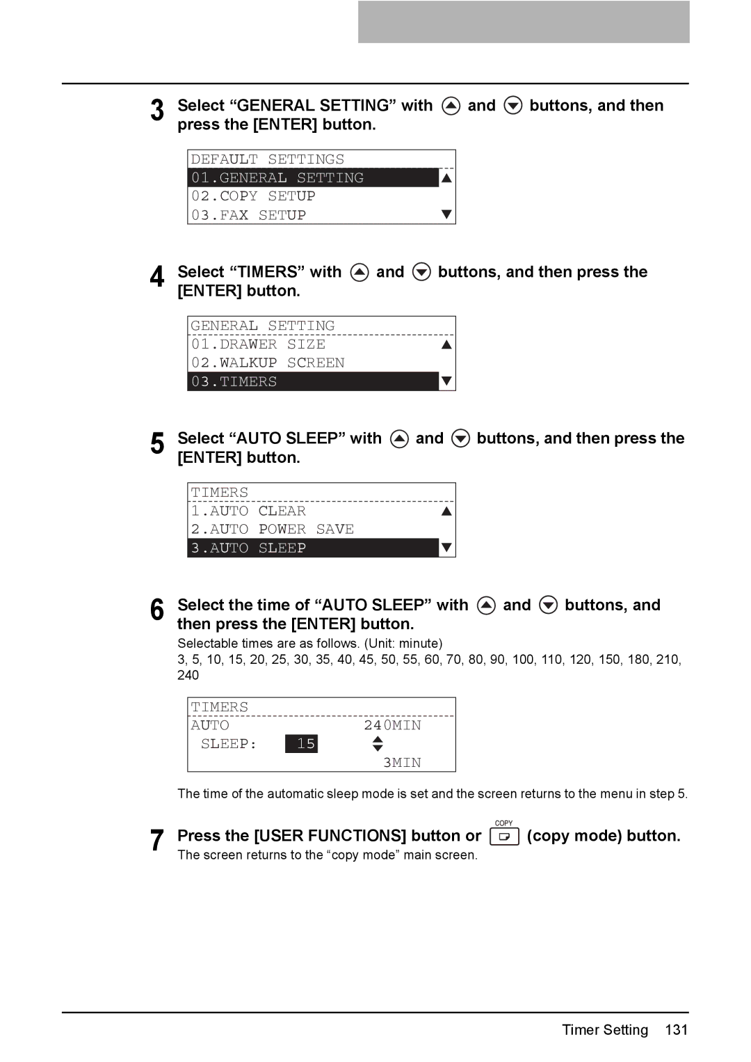 Toshiba e-Studio237, E-Studio167, E-STUDIO207 manual Timers Auto Clear 2.AUTO Power Save, Auto Sleep, Timers AUTO240MIN 