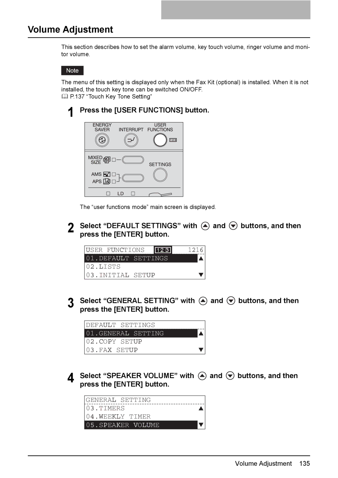 Toshiba E-STUDIO207, E-Studio167, e-Studio237 Volume Adjustment, General Setting Timers 04.WEEKLY Timer, Speaker Volume 