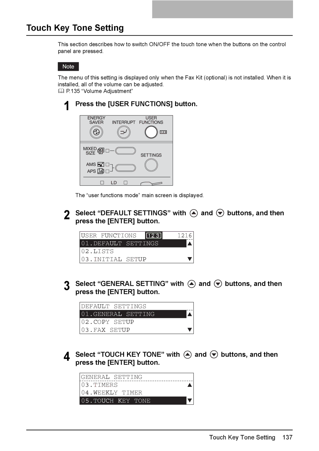 Toshiba e-Studio237, E-Studio167, E-STUDIO207 manual Touch Key Tone Setting, Touch KEY Tone 