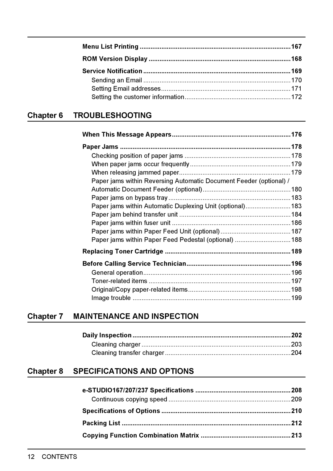 Toshiba E-STUDIO207 manual When This Message Appears 176 Paper Jams 178, Daily Inspection 202, Continuous copying speed 209 