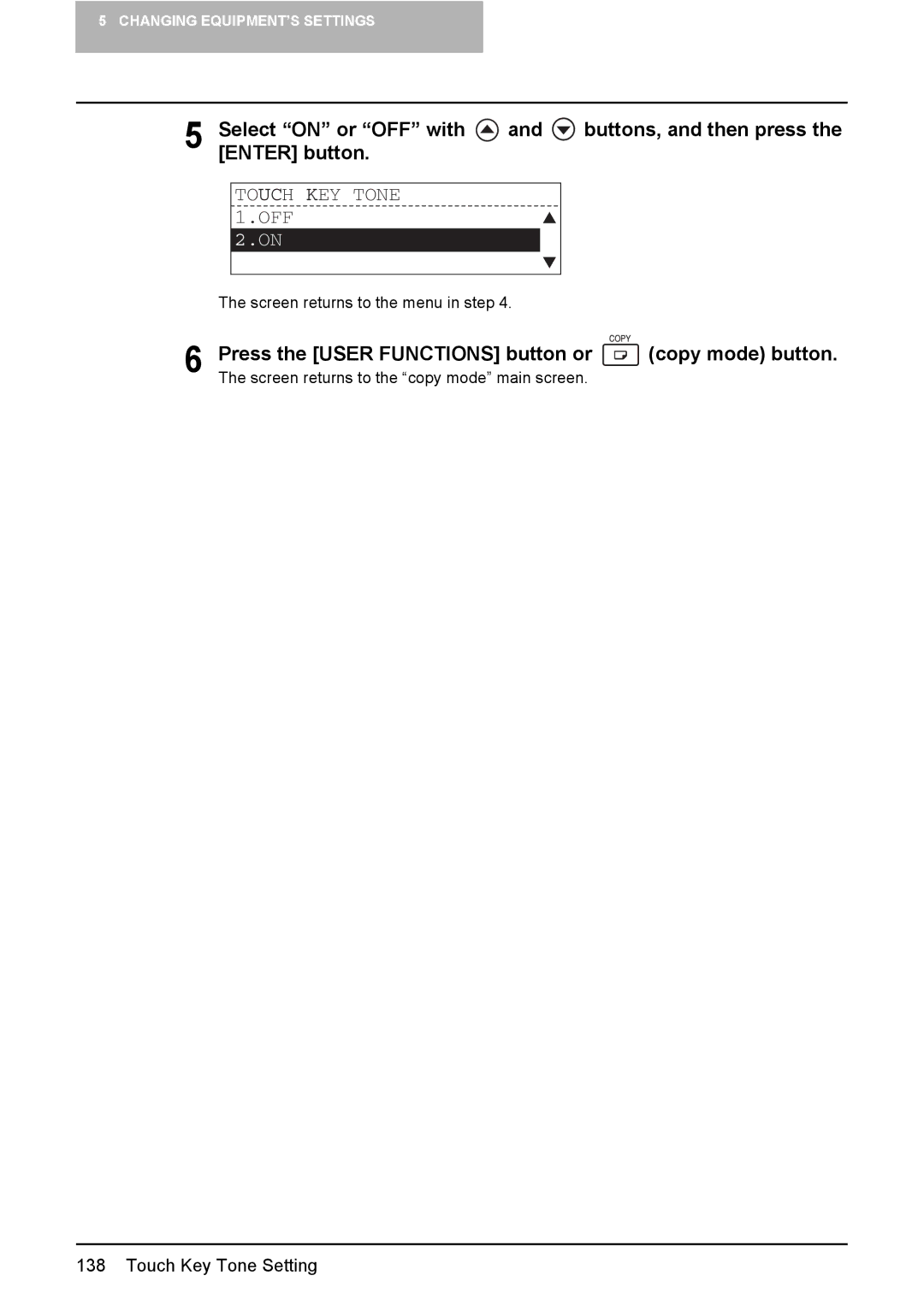 Toshiba E-STUDIO207, E-Studio167, e-Studio237 manual Touch KEY Tone OFF 