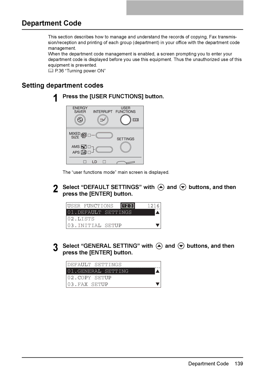 Toshiba E-Studio167, e-Studio237, E-STUDIO207 manual Department Code, Setting department codes 