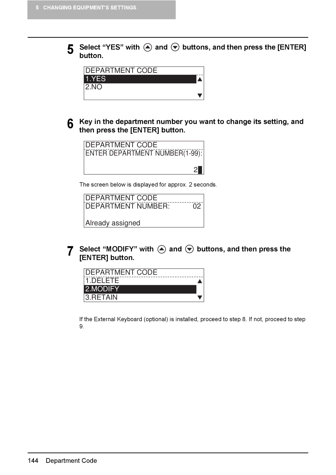 Toshiba E-STUDIO207 Department Code Enter Department NUMBER1-99, Department Code Number, Department Code Delete, Modify 