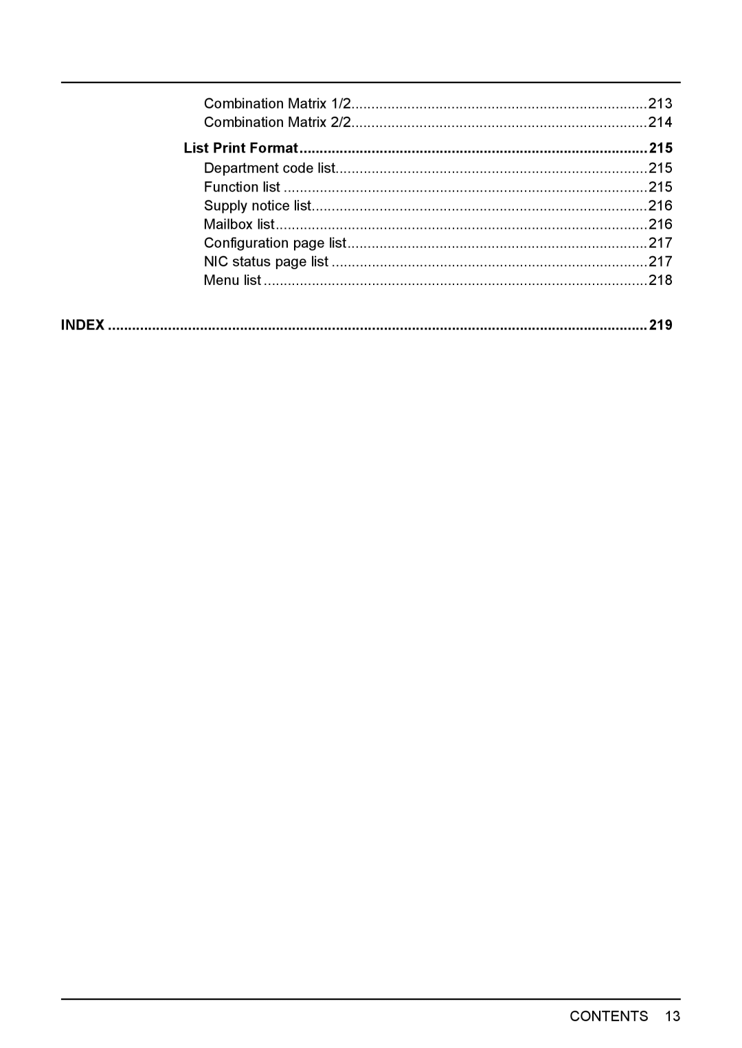 Toshiba E-Studio167, e-Studio237 manual Combination Matrix 1/2 213 Combination Matrix 2/2 214, List Print Format 215, 219 