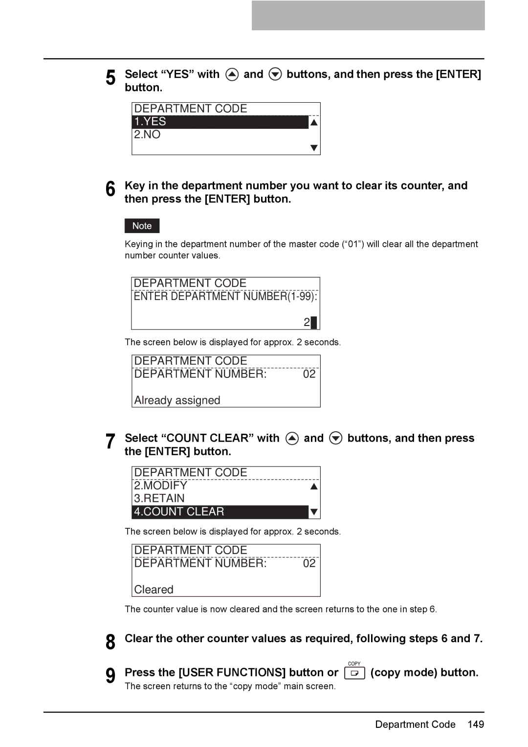 Toshiba e-Studio237, E-Studio167, E-STUDIO207 manual Department Code Modify Retain, Count Clear 