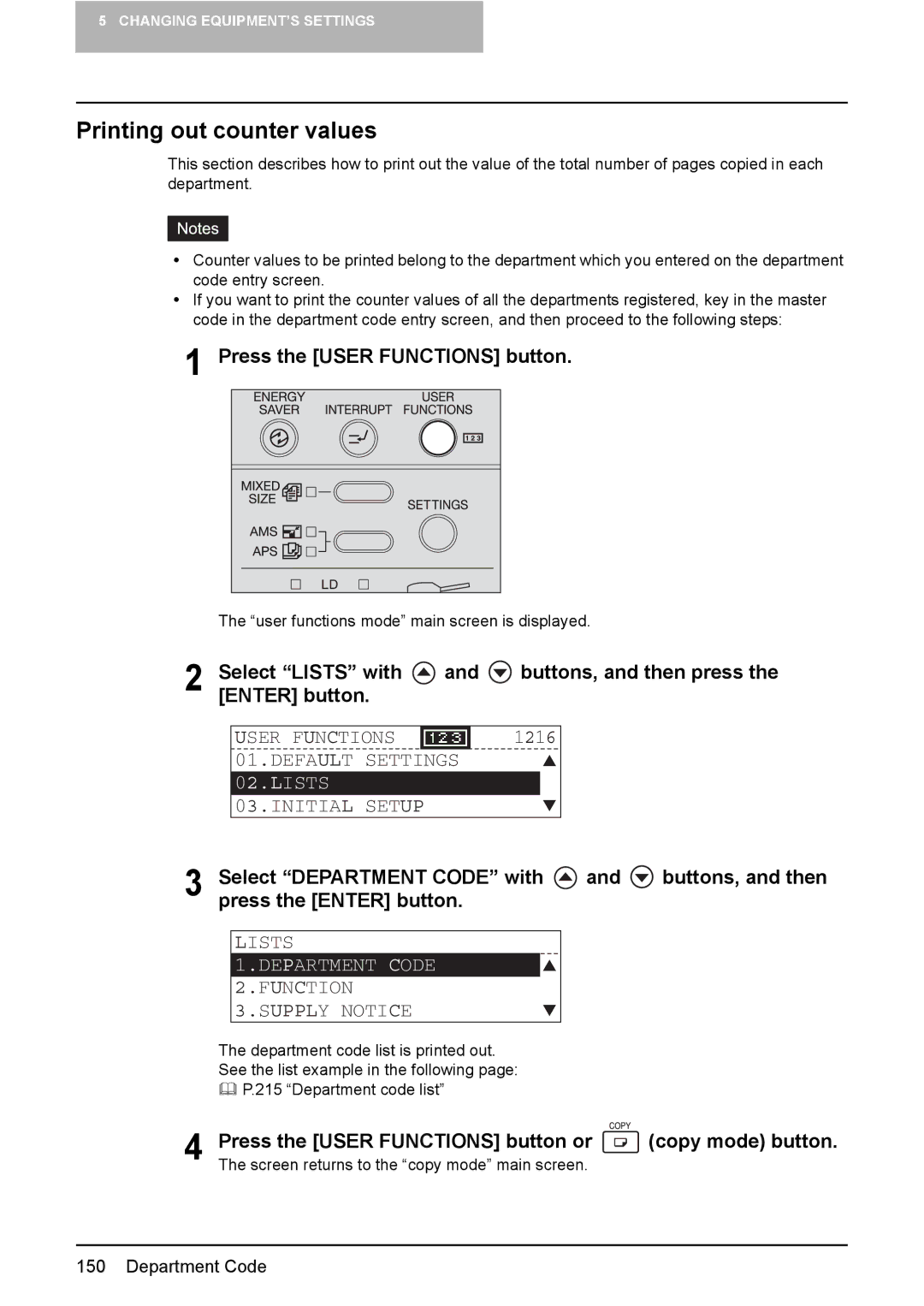 Toshiba E-STUDIO207, E-Studio167, e-Studio237 manual Printing out counter values, Select Lists with, Function Supply Notice 