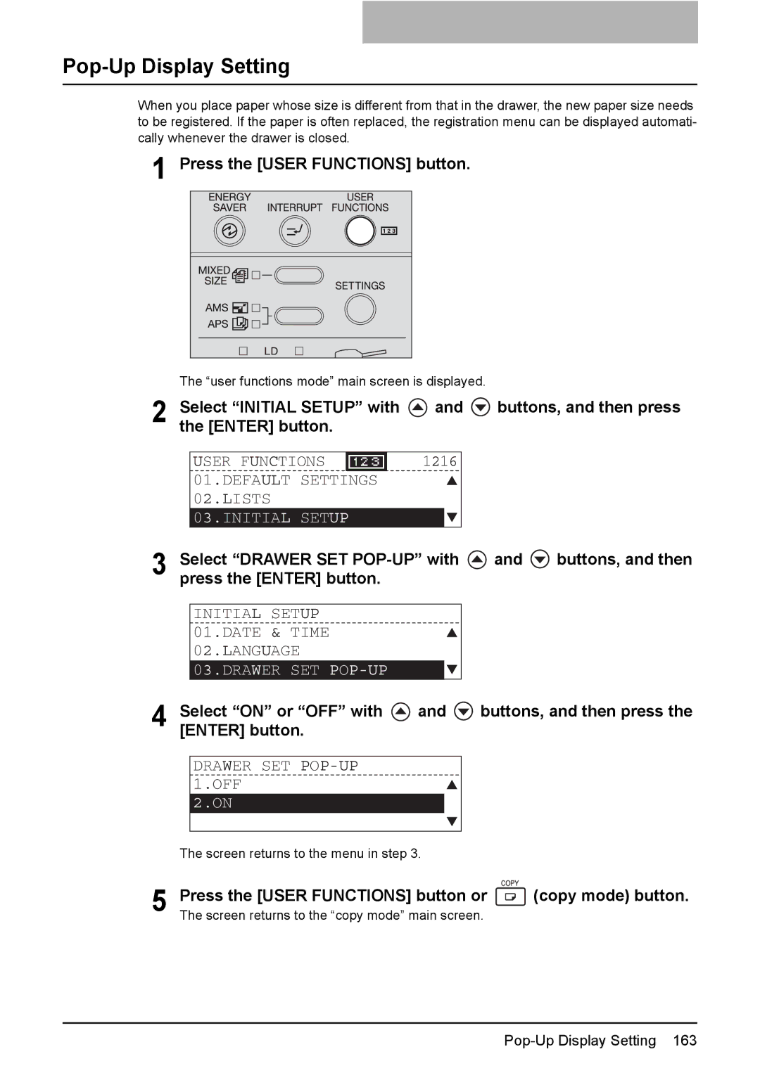 Toshiba E-Studio167, e-Studio237 Pop-Up Display Setting, Default Settings 02.LISTS, Initial Setup Date & Time 02.LANGUAGE 