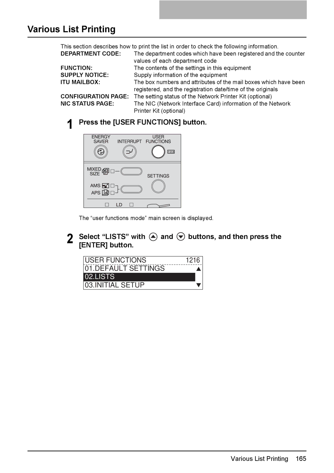 Toshiba E-STUDIO207, E-Studio167, e-Studio237 manual Various List Printing 