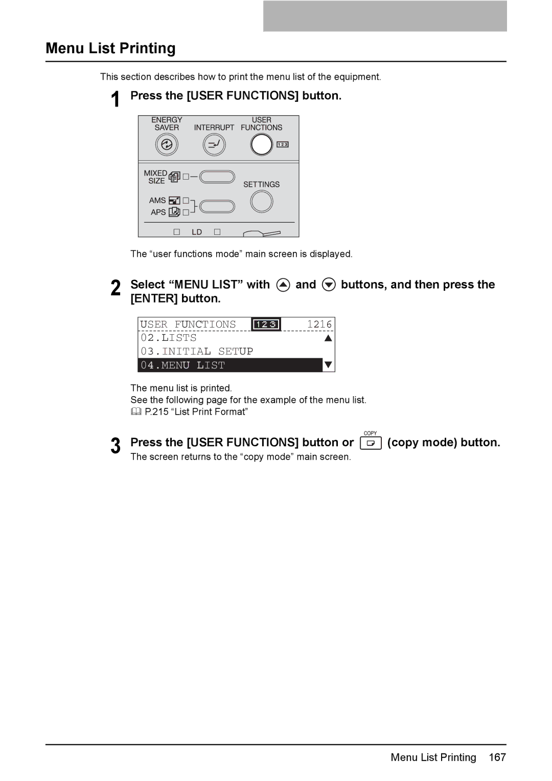 Toshiba e-Studio237, E-Studio167, E-STUDIO207 manual Menu List Printing, Select Menu List with 