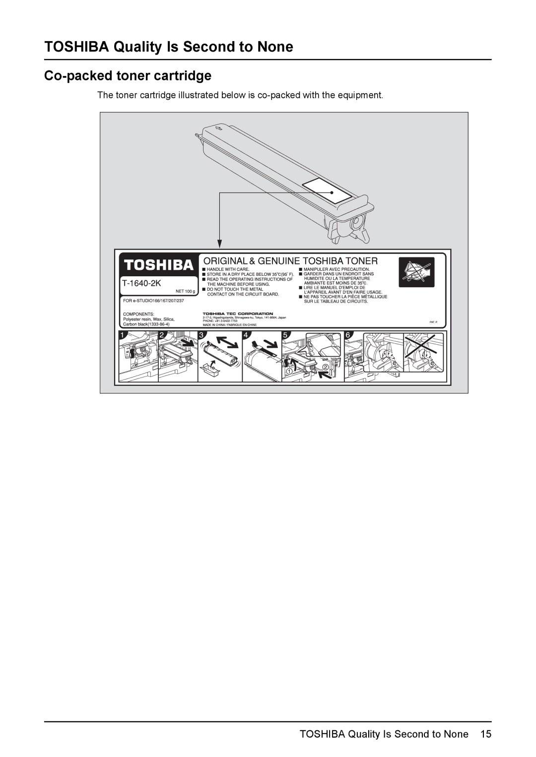 Toshiba E-STUDIO207, E-Studio167, e-Studio237 manual Toshiba Quality Is Second to None, Co-packed toner cartridge 