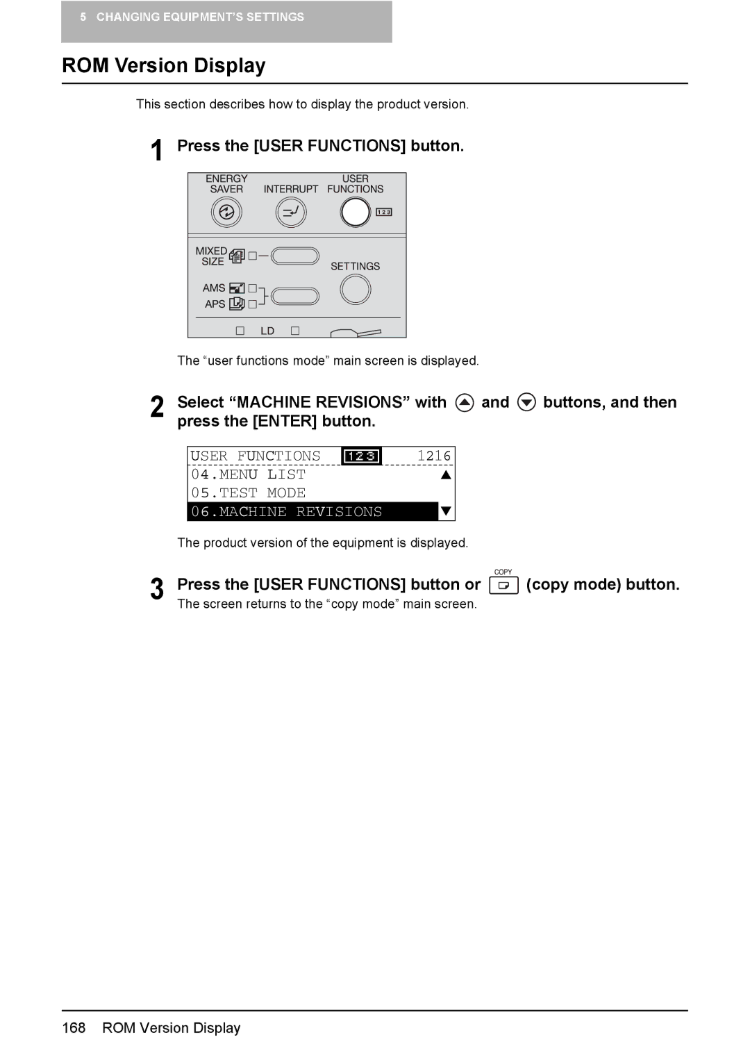 Toshiba E-STUDIO207, E-Studio167, e-Studio237 manual ROM Version Display, Menu List 05.TEST Mode, Machine Revisions 