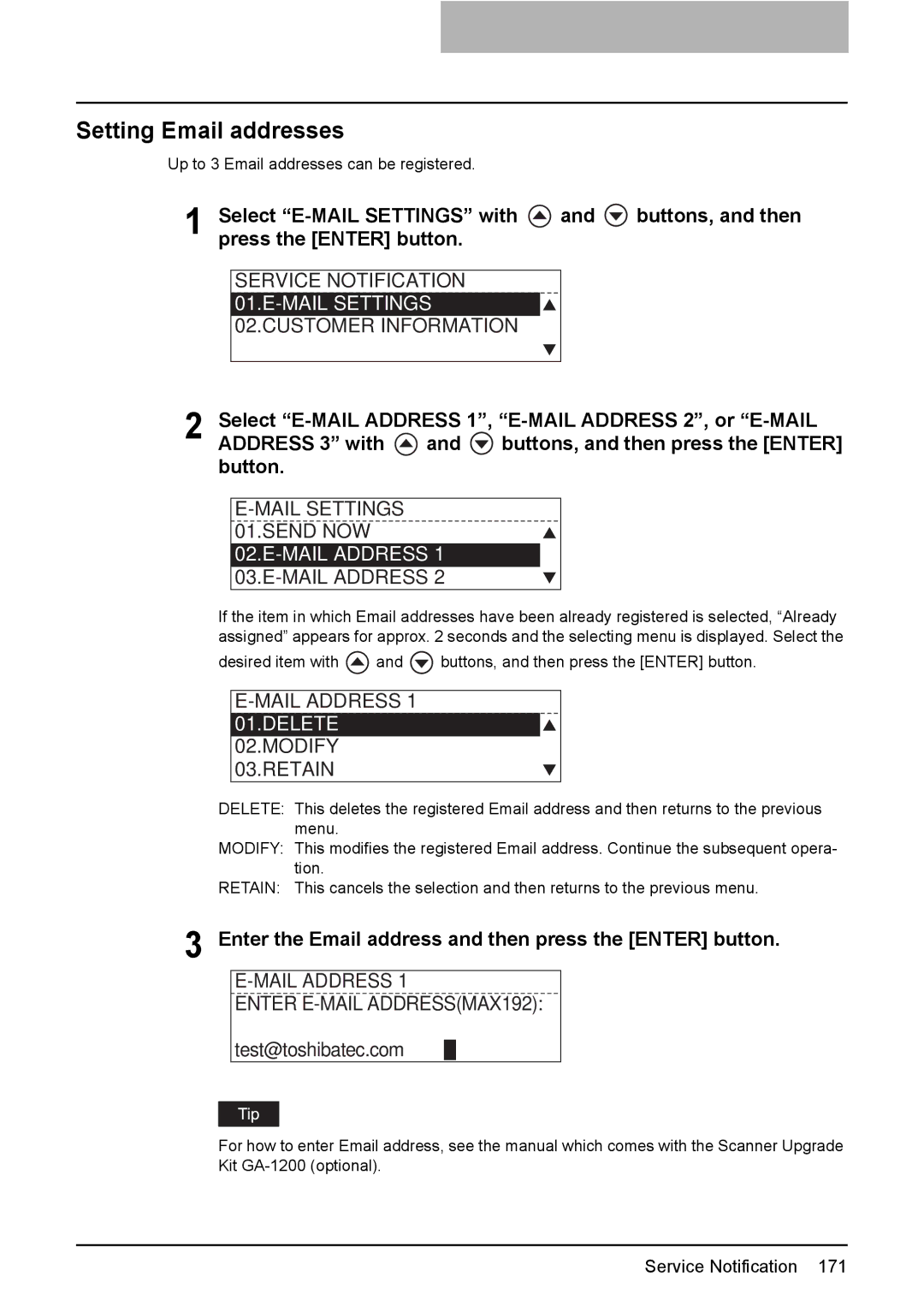 Toshiba E-STUDIO207 manual Setting Email addresses, Mail Settings Send NOW, Mail Address Enter E-MAIL ADDRESSMAX192 