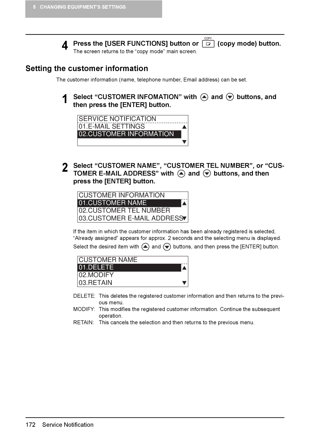 Toshiba E-Studio167, e-Studio237, E-STUDIO207 manual Setting the customer information, Customer Information, Customer Name 