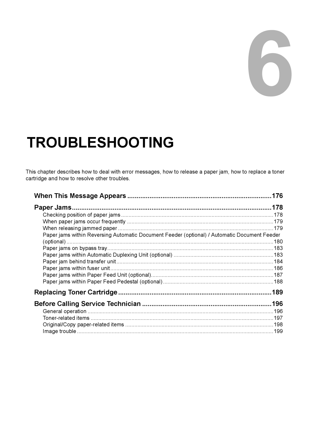 Toshiba E-Studio167, e-Studio237, E-STUDIO207 manual When This Message Appears 176 Paper Jams 178, 189, 196 