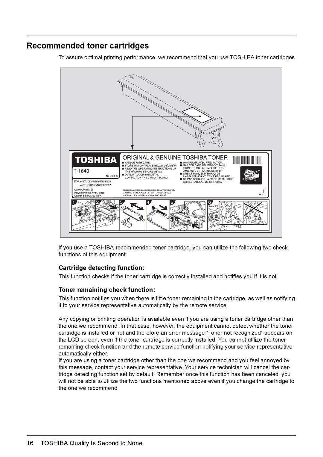 Toshiba E-Studio167 manual Recommended toner cartridges, Cartridge detecting function, Toner remaining check function 