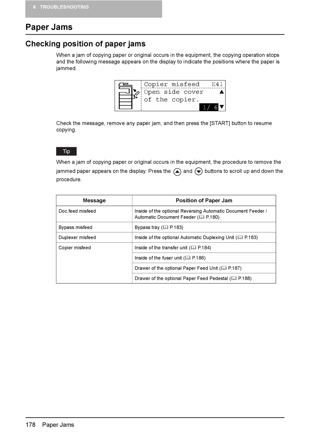 Toshiba E-Studio167, e-Studio237, E-STUDIO207 Paper Jams, Checking position of paper jams, Message Position of Paper Jam 