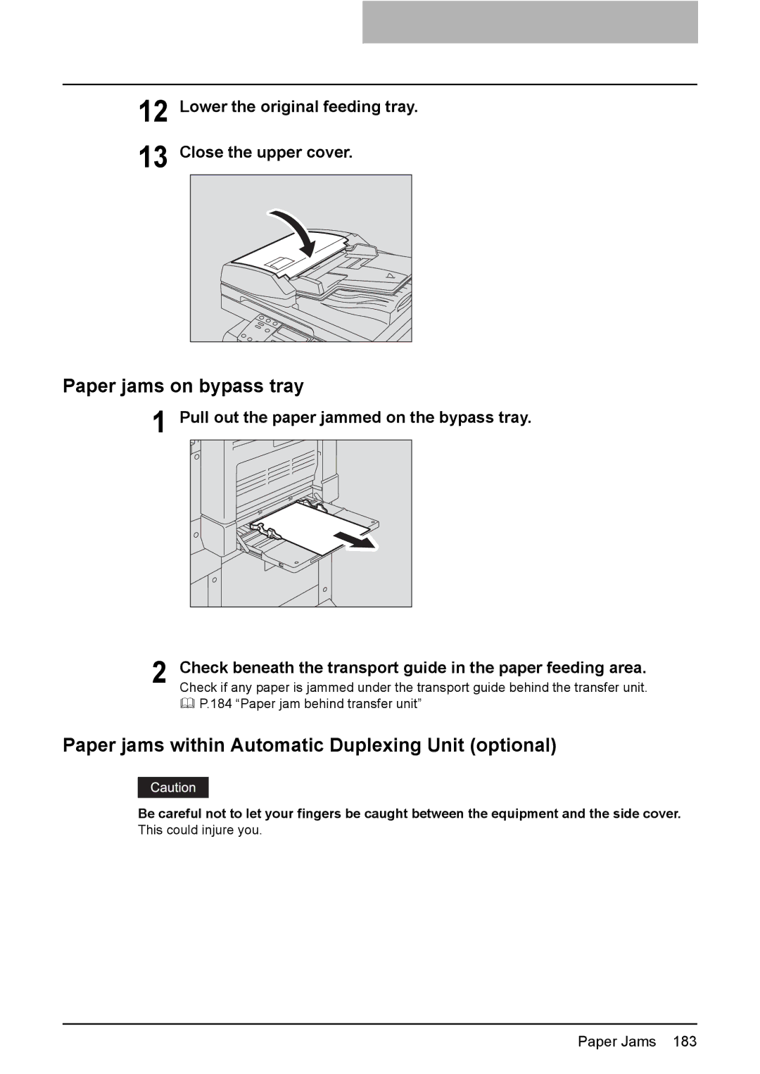 Toshiba E-STUDIO207, E-Studio167 manual Paper jams on bypass tray, Paper jams within Automatic Duplexing Unit optional 