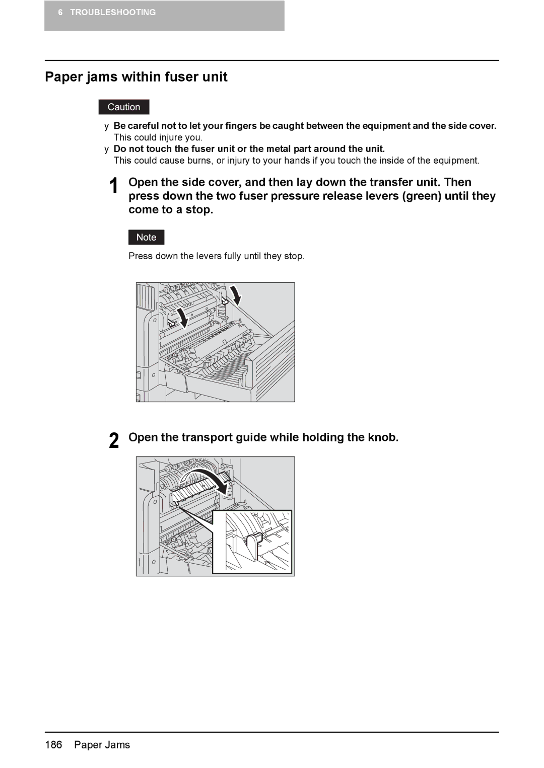 Toshiba E-STUDIO207, E-Studio167, e-Studio237 Paper jams within fuser unit, Open the transport guide while holding the knob 