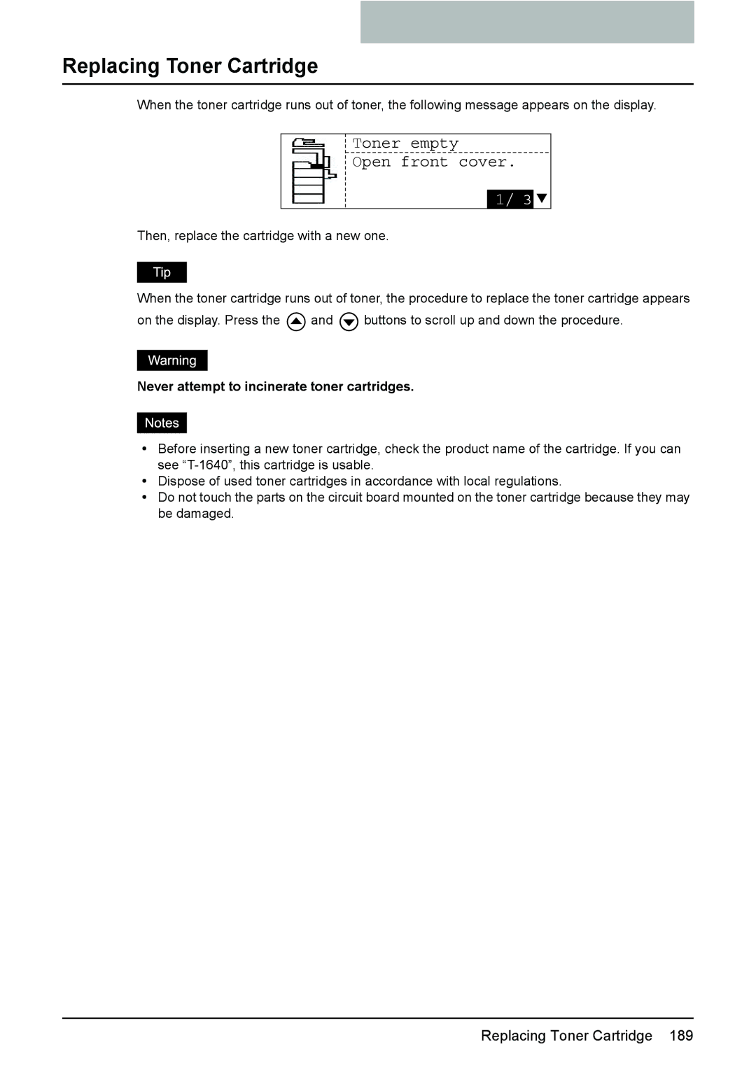 Toshiba E-STUDIO207, E-Studio167, e-Studio237 manual Replacing Toner Cartridge, Never attempt to incinerate toner cartridges 